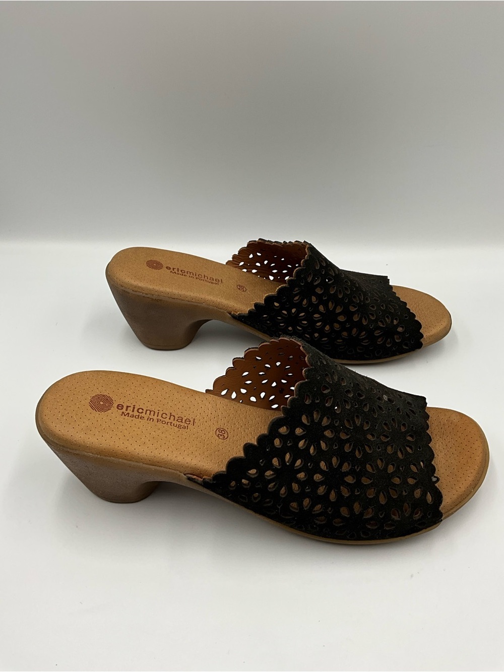 Eric Michael Mules Size 38 (7.5) Black Laser-Cut Slide Mules